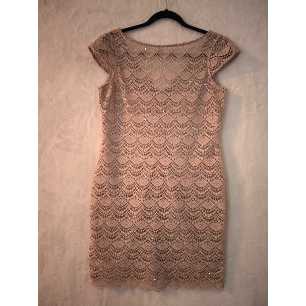 Kay Unger New York Sheer Pink Scalloped Lace Sequin Cap Sleeve Cocktail Dress